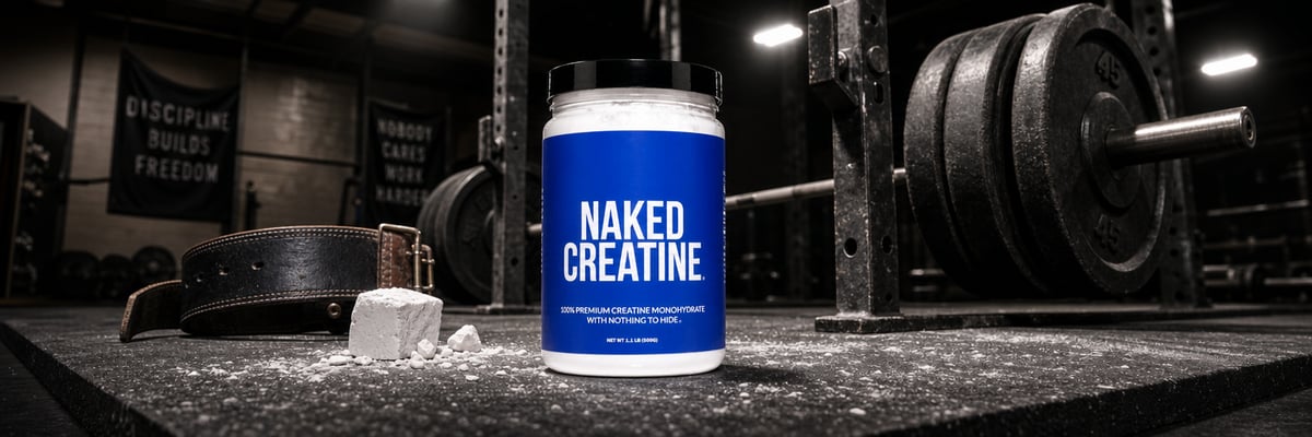 Naked Creatine tub on a chalk-dusted Olympic lifting platform beside a barbell and lifting belt