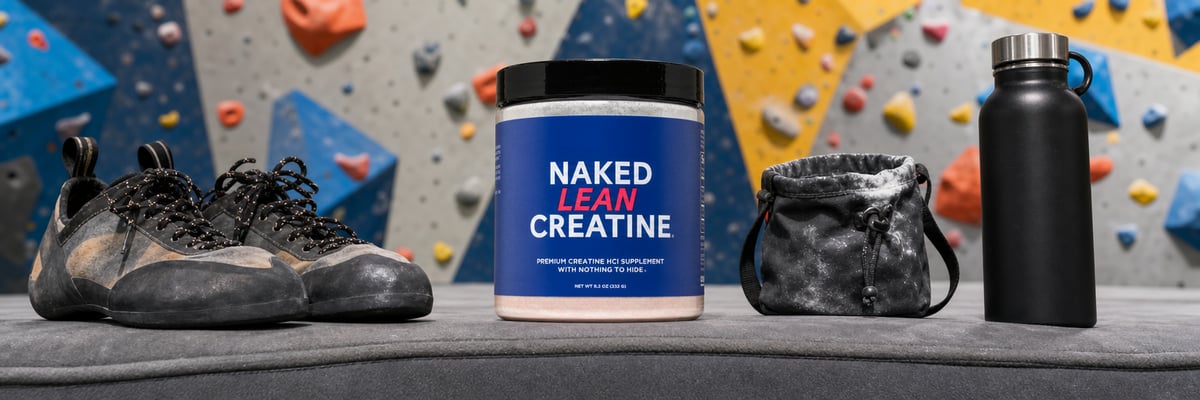 Naked Lean Creatine tub on a crash pad at an indoor bouldering gym next to climbing shoes and chalk bag