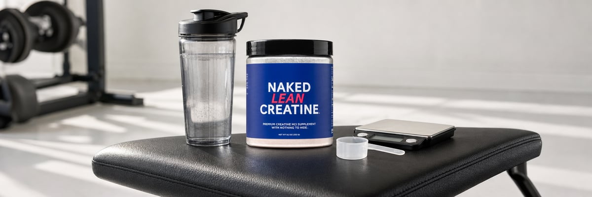 Naked how creatine HCL supplement on gym bench with shaker bottle for pre-workout dosing