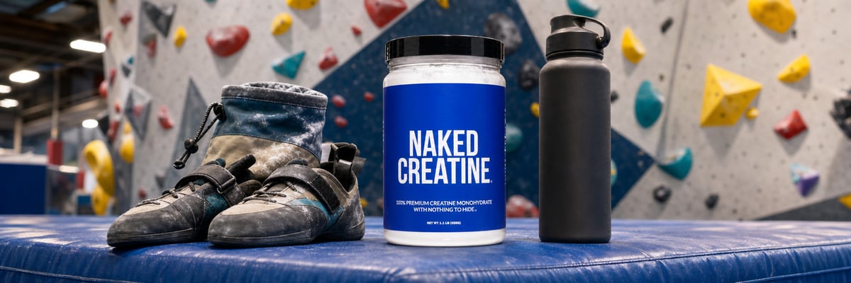 Naked Creatine tub on a crash pad beside climbing shoes and chalk bag at an indoor bouldering gym