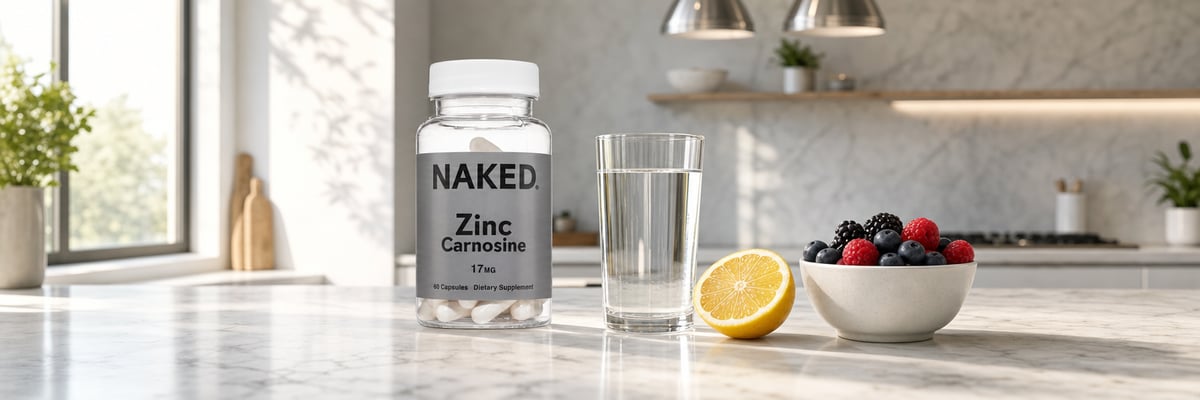 Naked Zinc supplement tub on marble kitchen counter beside water, lemon, and berries
