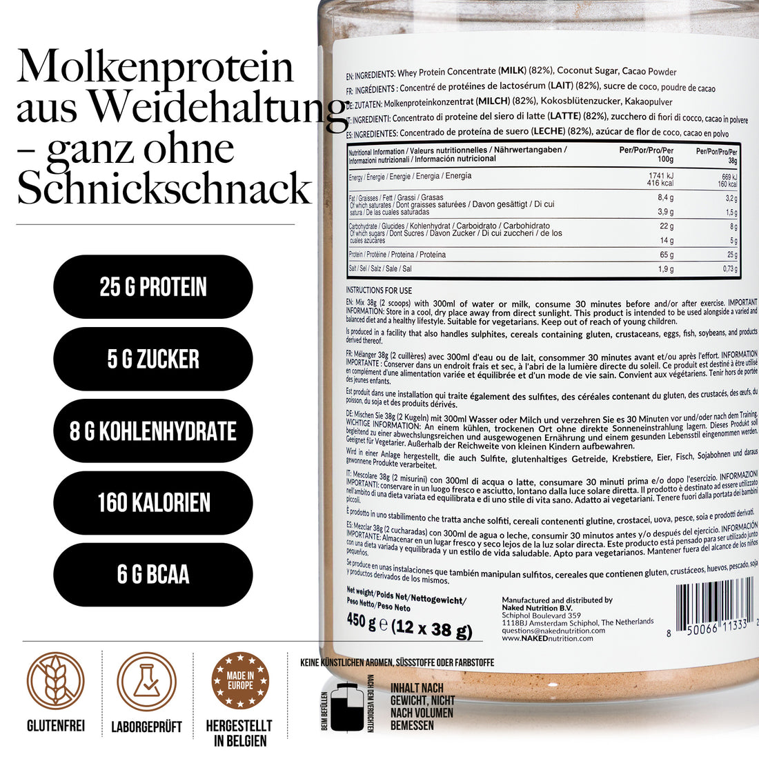 Schokoladen-Molkenproteinpulver | Naked Schokoladenmolke - 450g