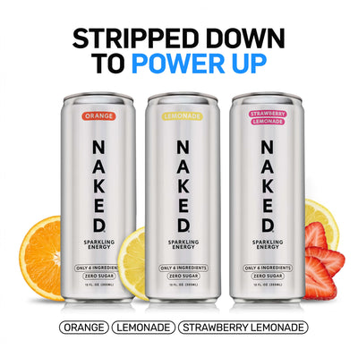 naked sparkling energy orange, lemonade and strawberry lemonade cans