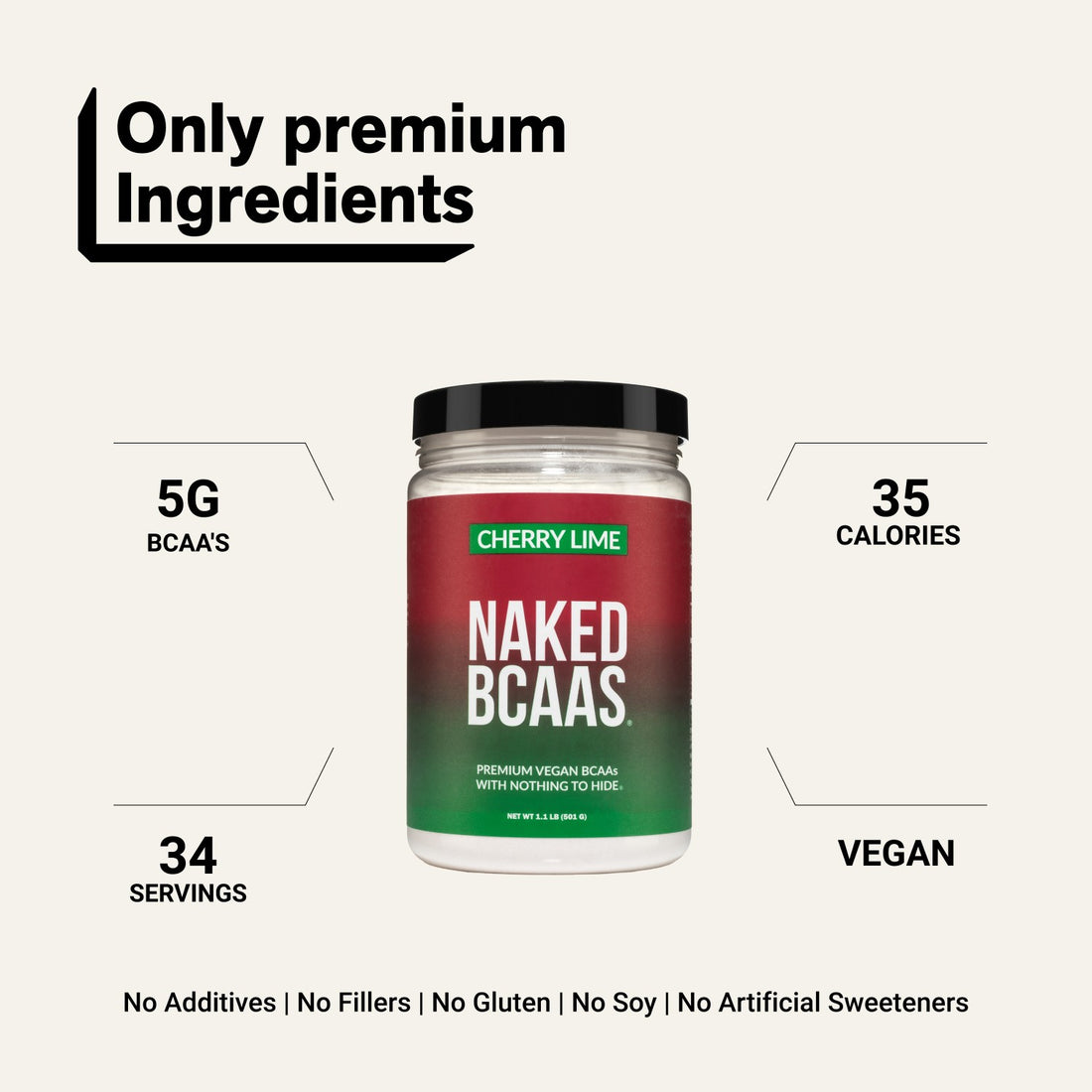 naked bcaas unflavored powder with 5g bcaas and 34 servings.
