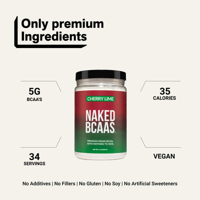 naked bcaas unflavored powder with 5g bcaas and 34 servings.