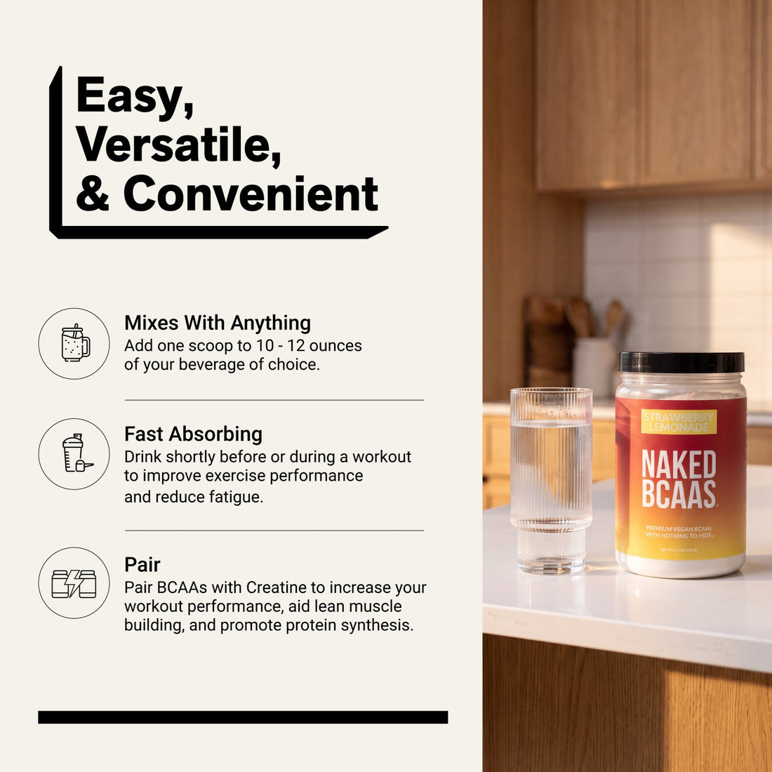 naked bcaas powder with water, highlighting mixing instructions and workout use.