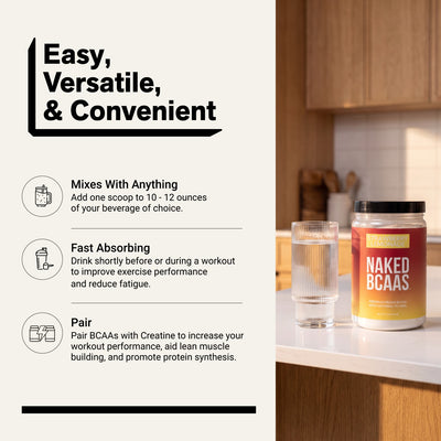 naked bcaas powder with water, highlighting mixing instructions and workout use.