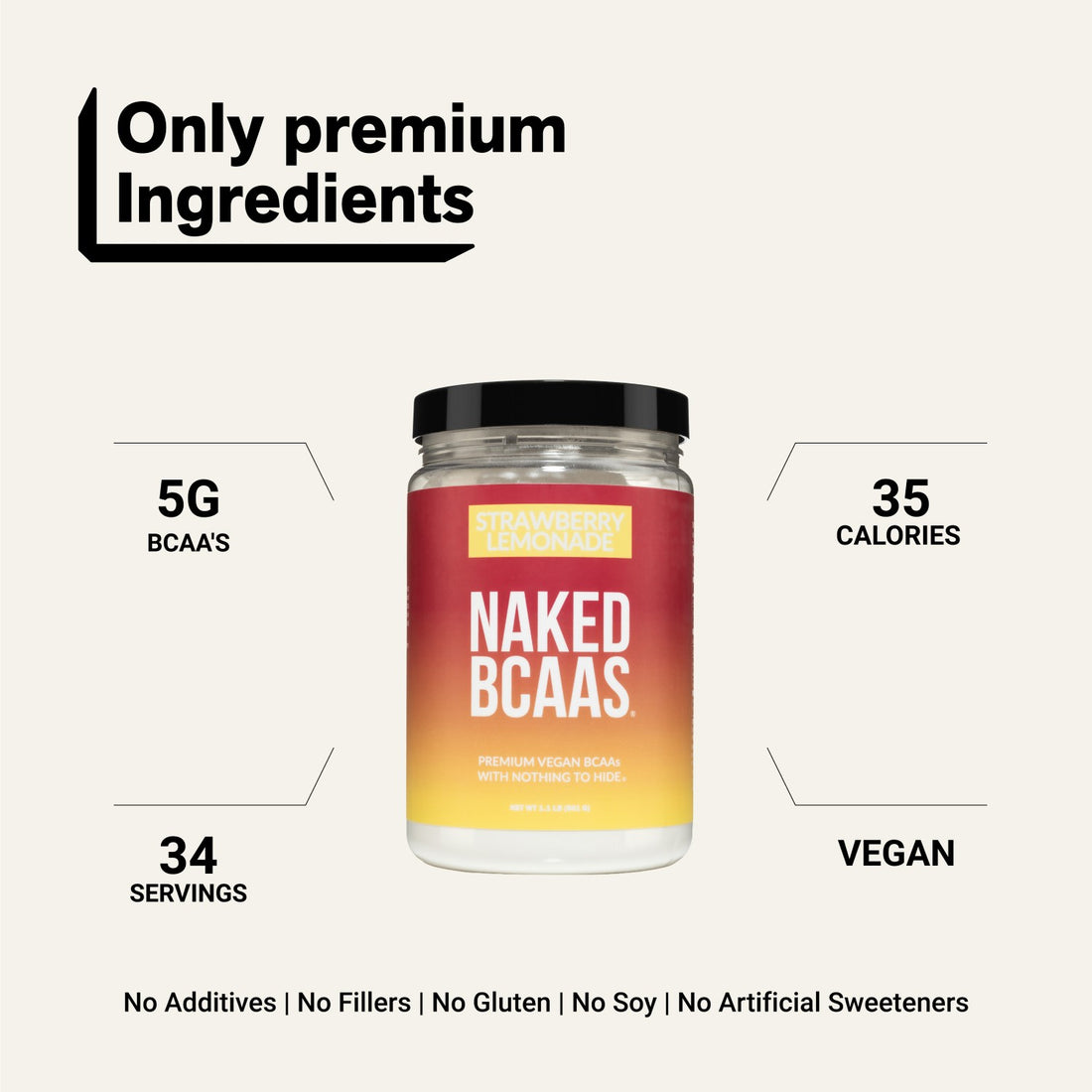 naked bcaa's strawberry lemonade powder with 5g bcaa's and 34 servings.