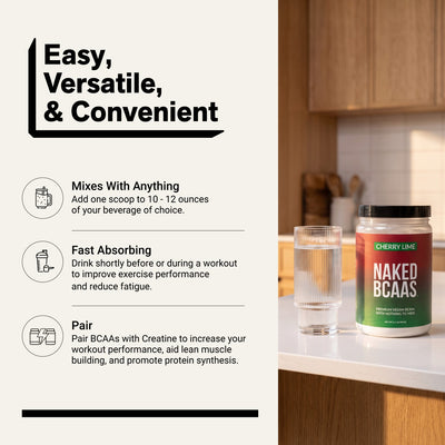 naked bcaas powder with water, highlighting mixing instructions and workout use.