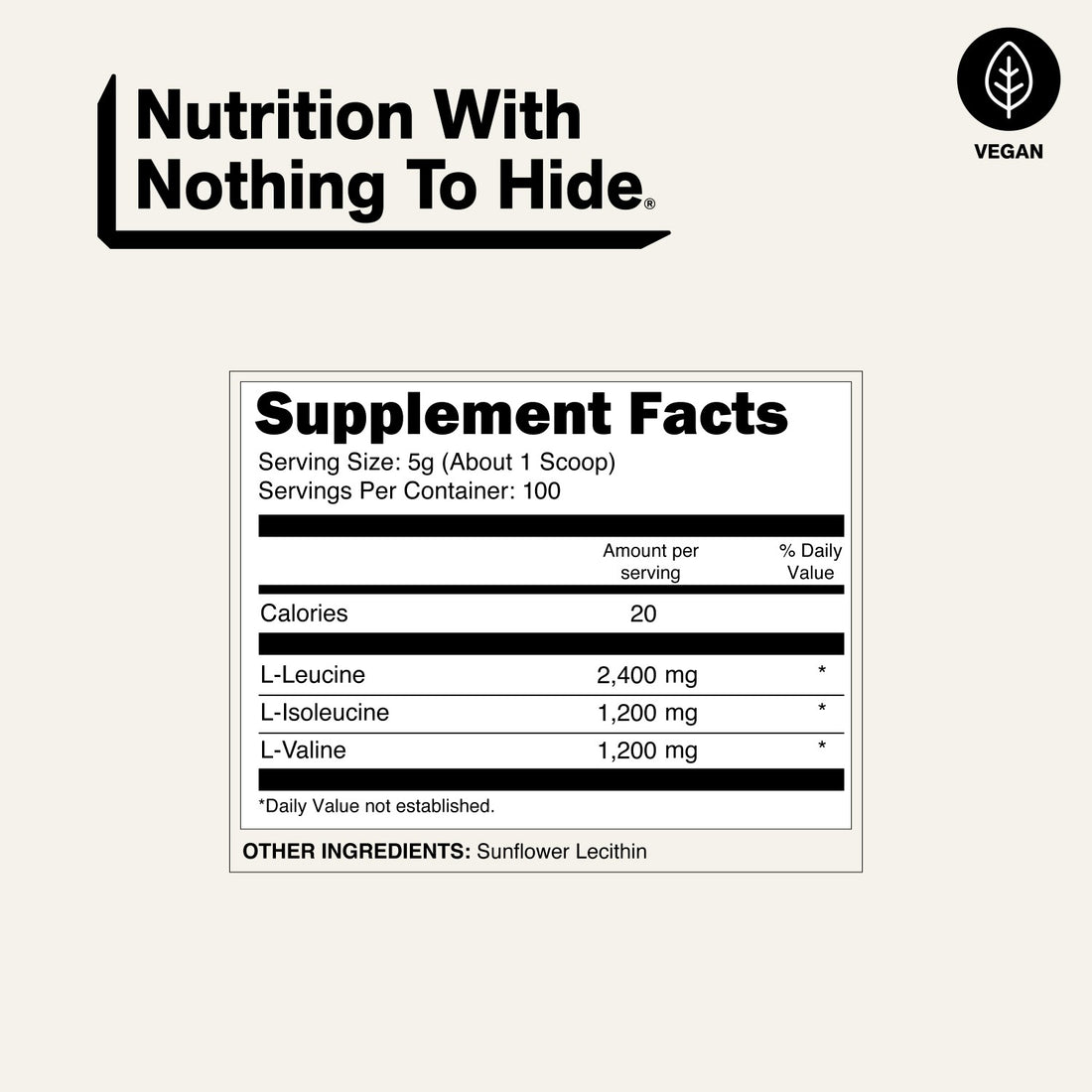 naked bcaas supplement facts showing leucine, isoleucine, and valine amounts.