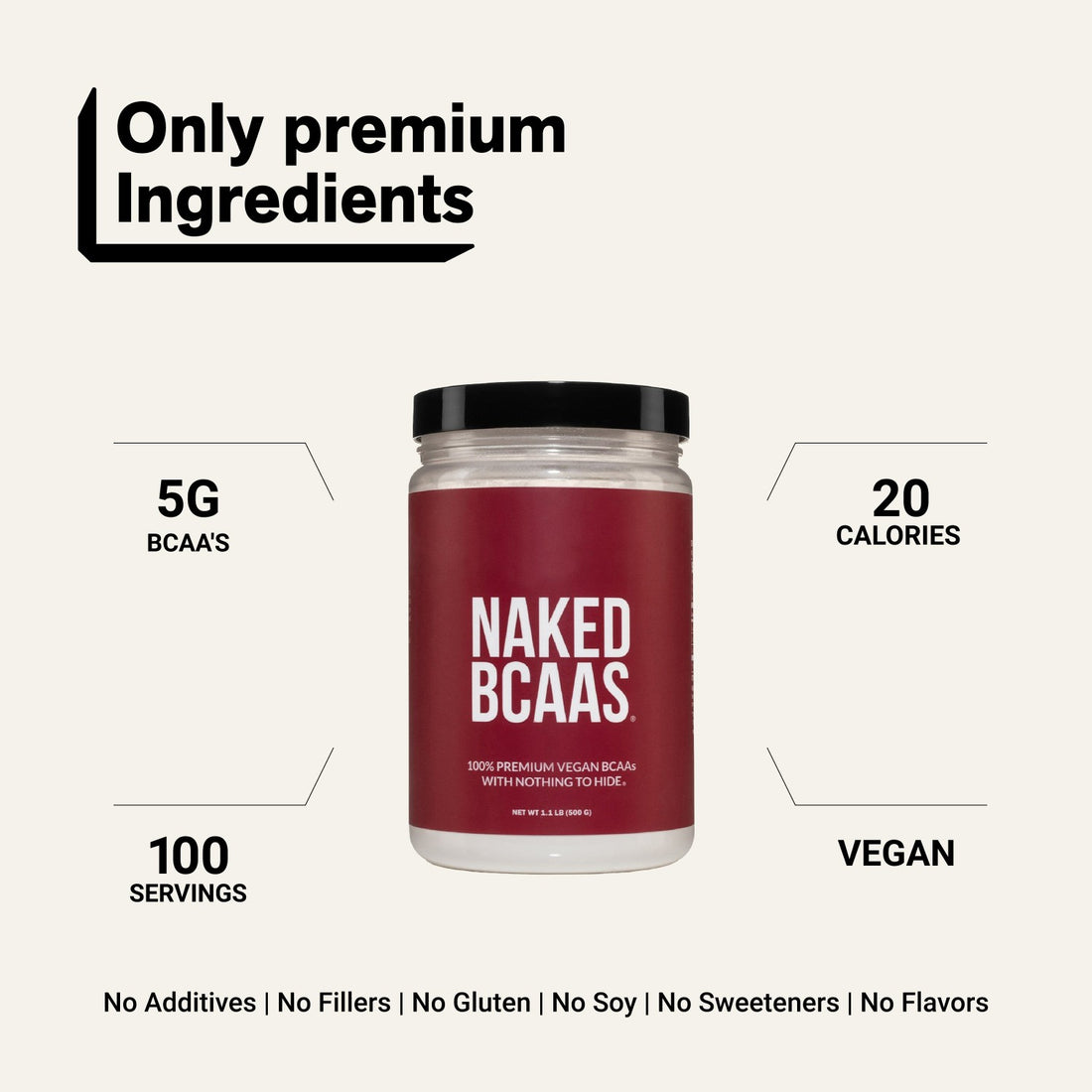 naked bcaas unflavored powder with 5g bcaas and 100 servings.