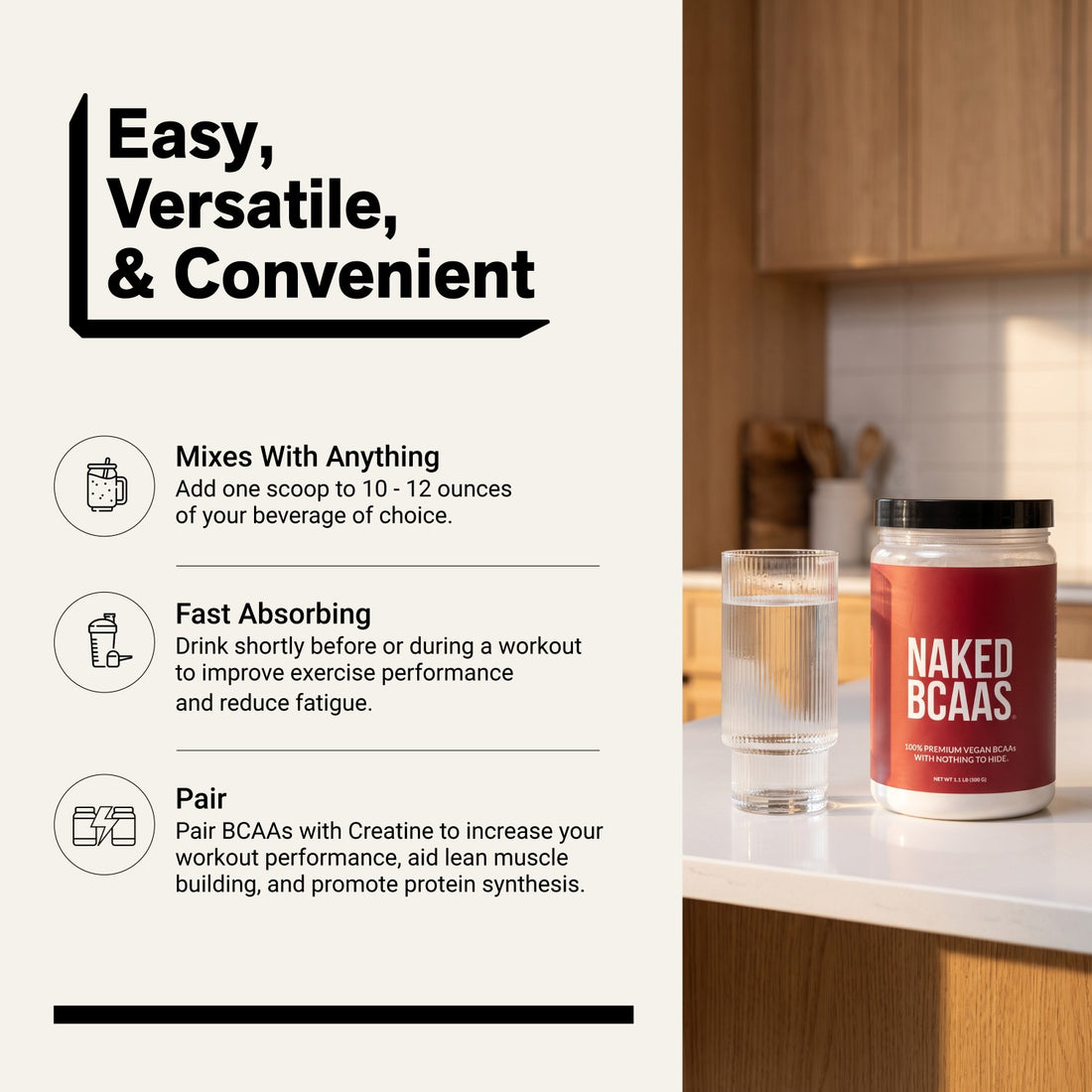 naked bcaas powder with water, highlighting mixing instructions and workout use.