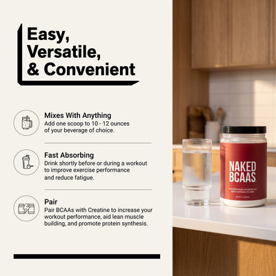 naked bcaas powder with water, highlighting mixing instructions and workout use.