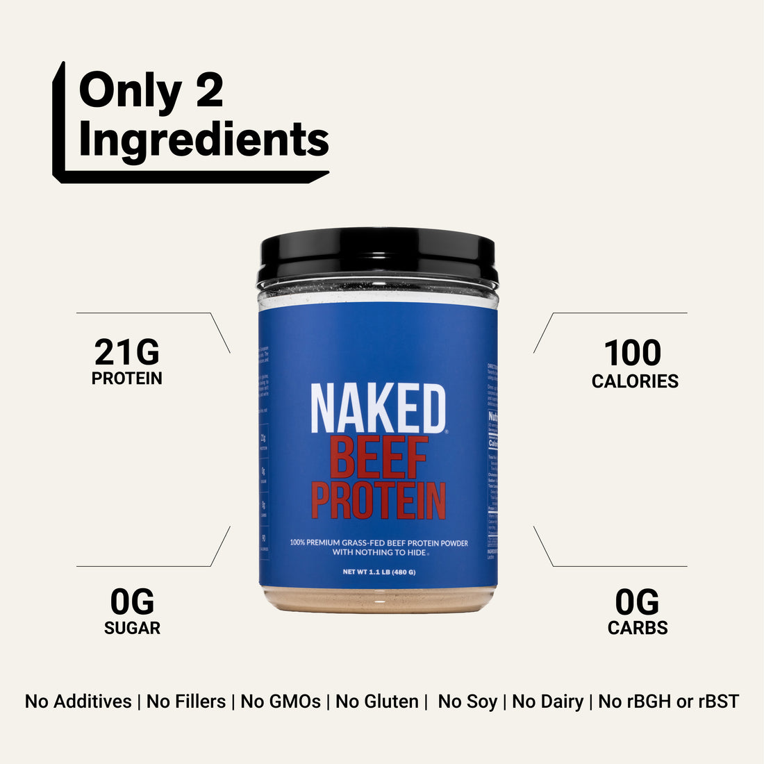 Naked Beef Protein with 21g protein, 100 calories and zero sugar.