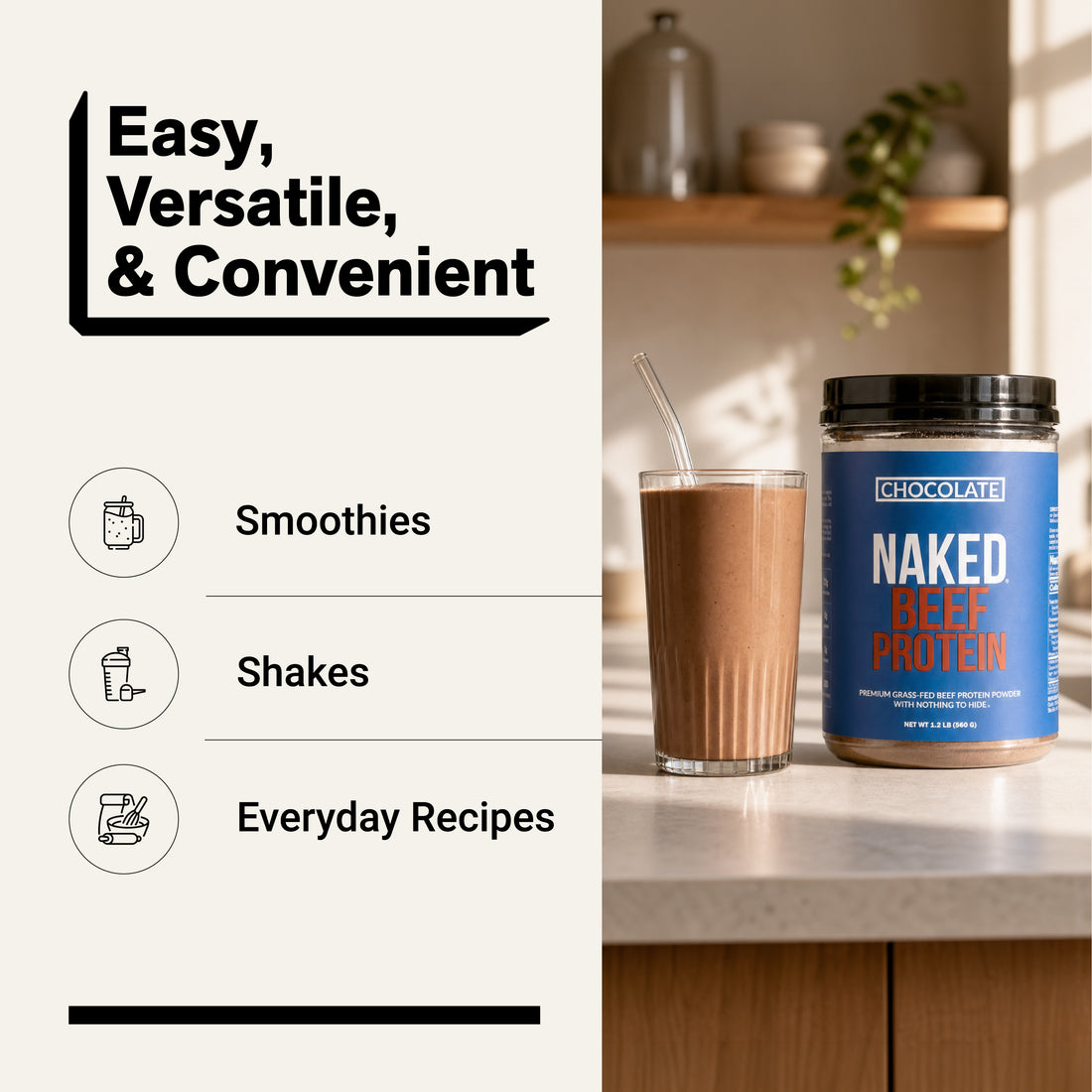 Chocolate Naked Beef Protein powder for smoothies, shakes and recipes.