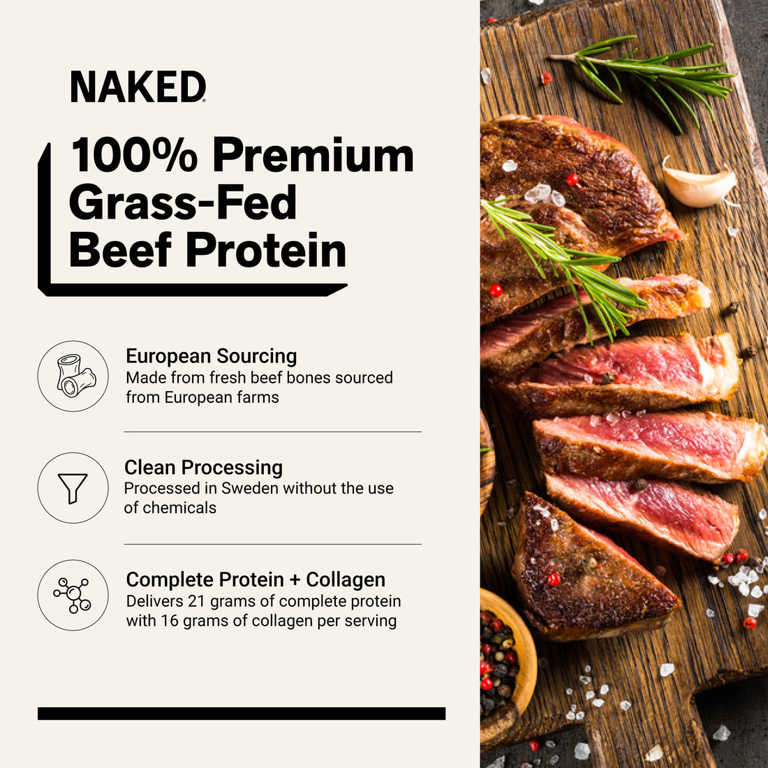 Naked Beef Protein made from grass-fed European beef sources.