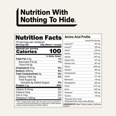 Naked Beef Protein nutrition label showing protein, calories and amino acids.