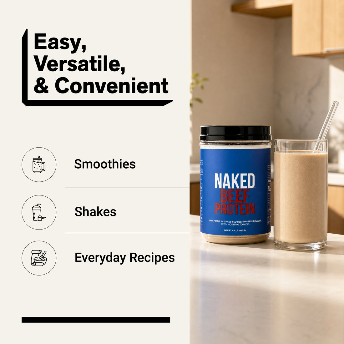 Naked Beef Protein powder for smoothies, protein shakes and everyday recipes.