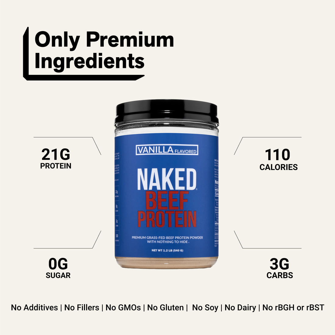 Naked Beef Protein Vanilla with 21g protein and zero sugar.