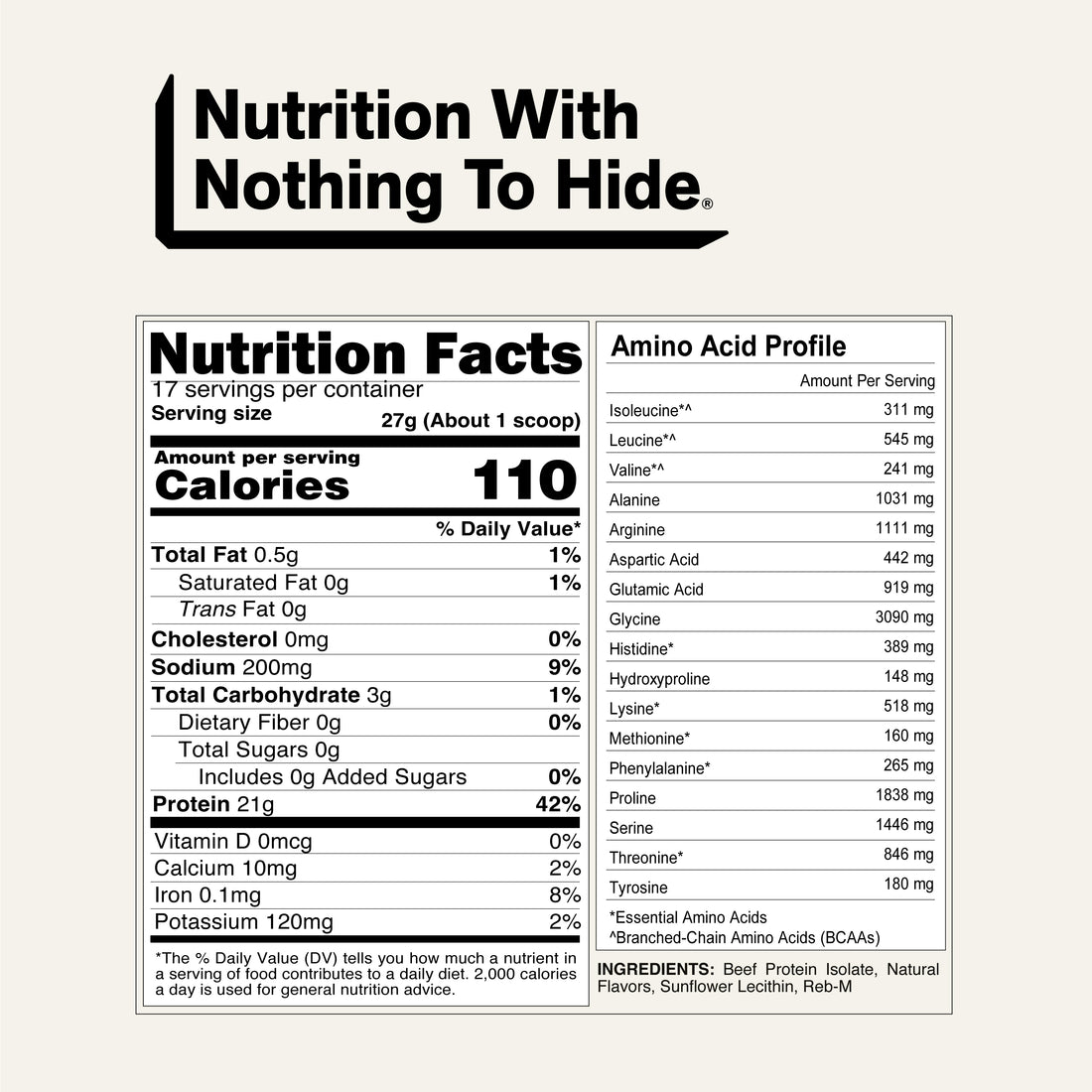 Vanilla Naked Beef Protein nutrition facts and amino acid profile.