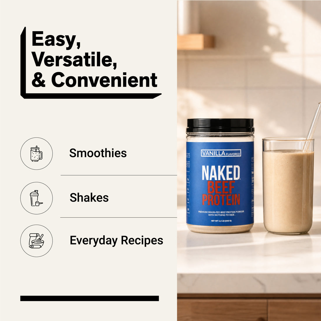 Vanilla Naked Beef Protein powder for smoothies, shakes and recipes.