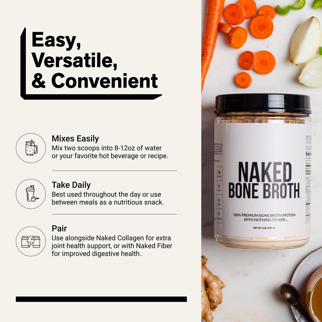 Naked Bone Broth Protein Unflavored for hot drinks and everyday recipes.