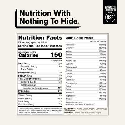 naked casein chocolate nutrition facts with 150 calories and amino acids.