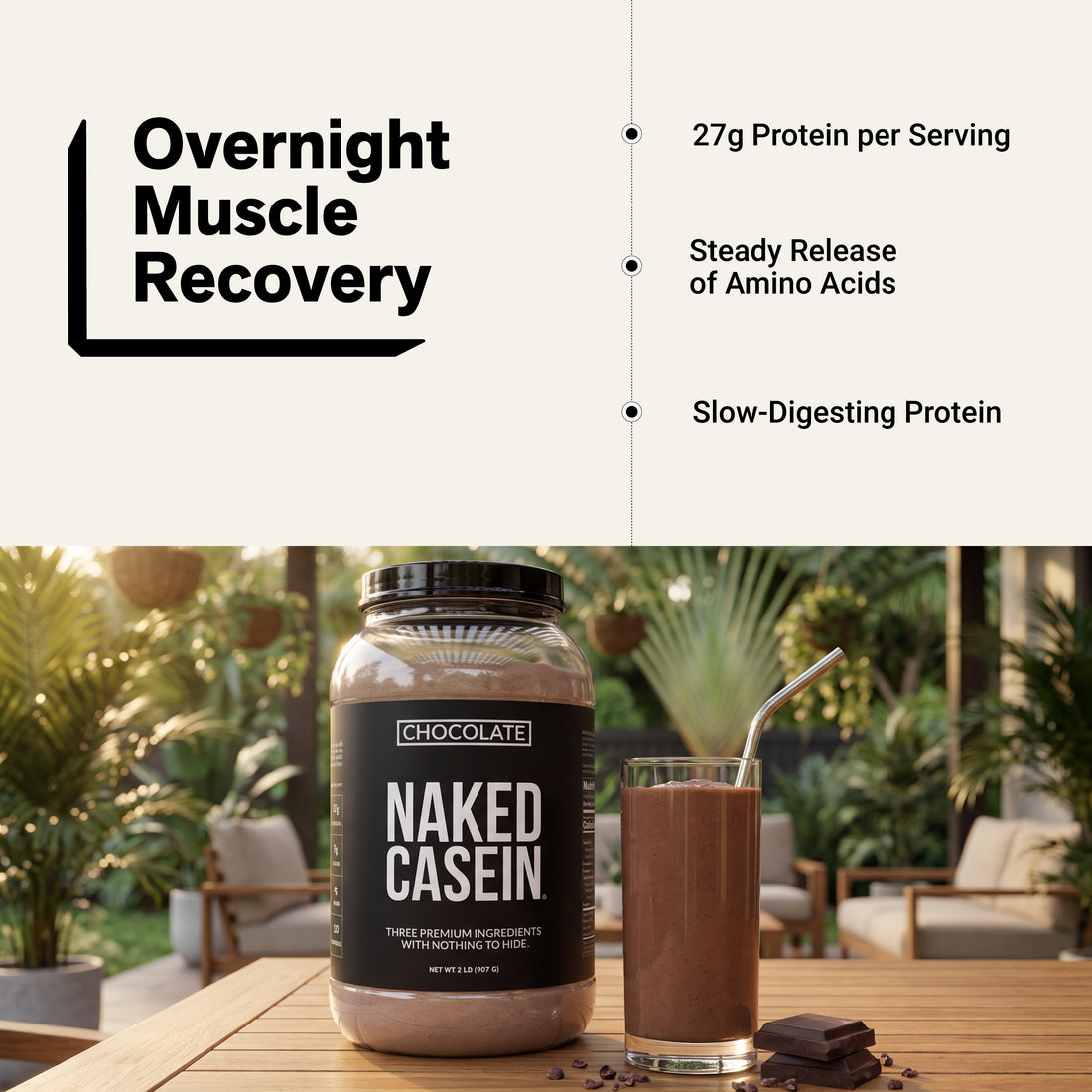 naked casein chocolate slow-release protein for overnight recovery.