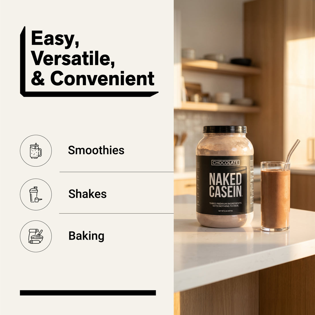 naked casein chocolate 2lb for smoothies, shakes, and baking.