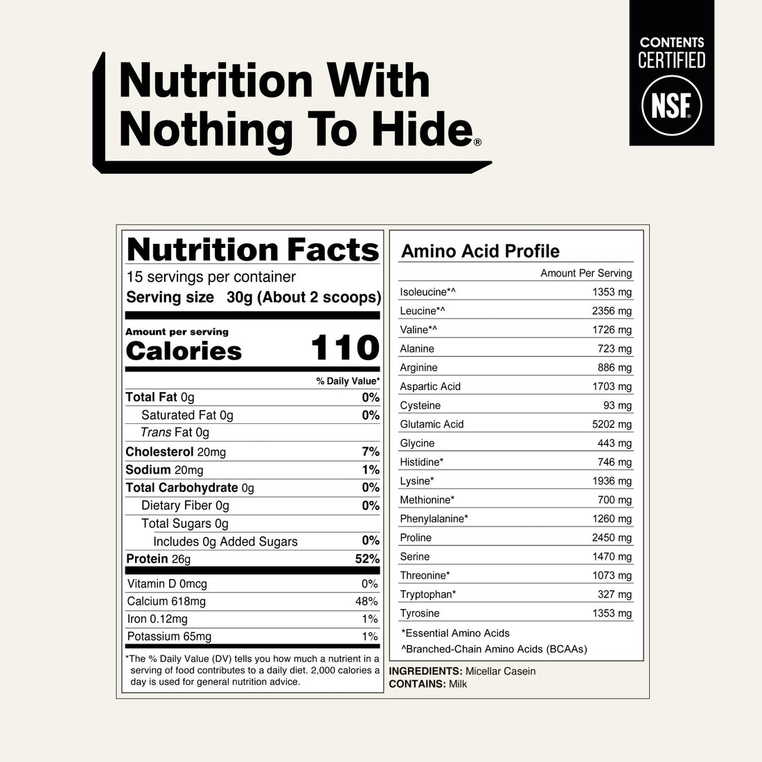 naked casein unflavored nutrition facts with 110 calories and amino acids.