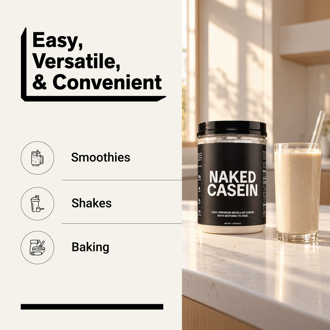 naked casein unflavored 1lb for smoothies, shakes, and baking.
