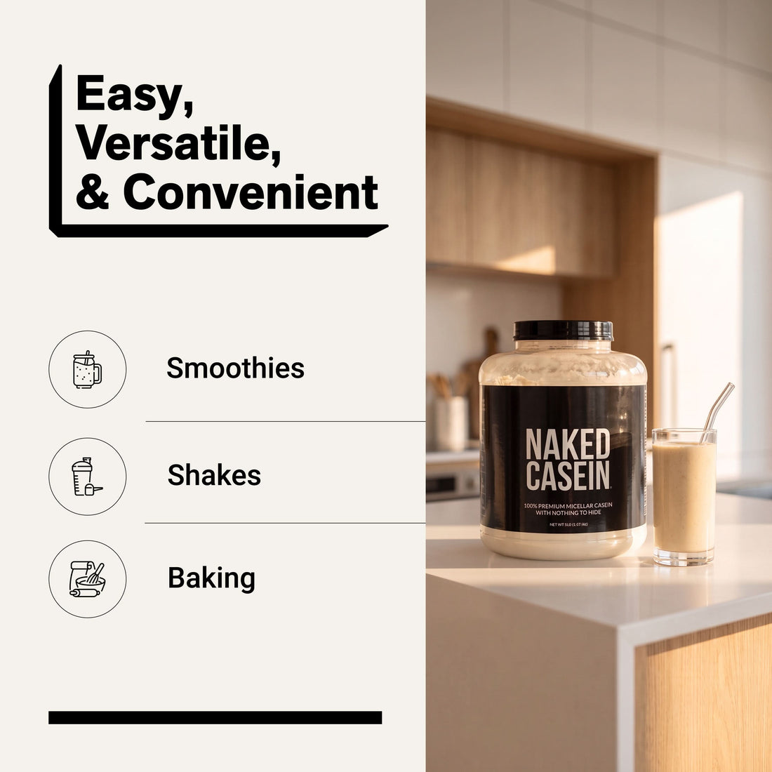 naked casein unflavored 5lb for smoothies, shakes, and baking.