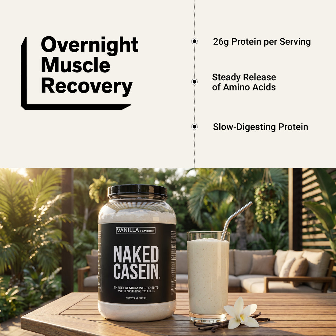 naked casein vanilla slow-digesting protein for overnight recovery.
