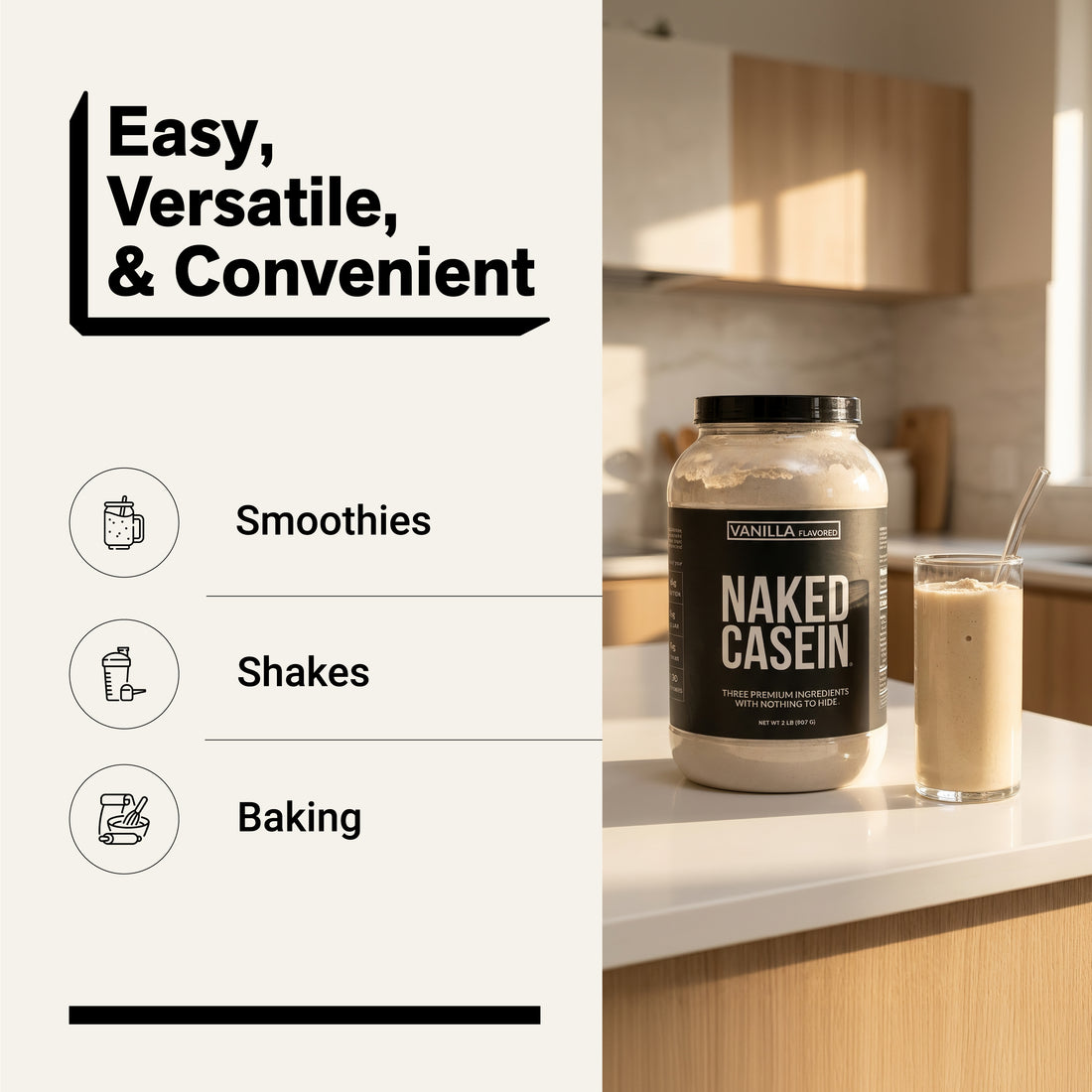 naked casein vanilla 2lb for smoothies, shakes, and baking.