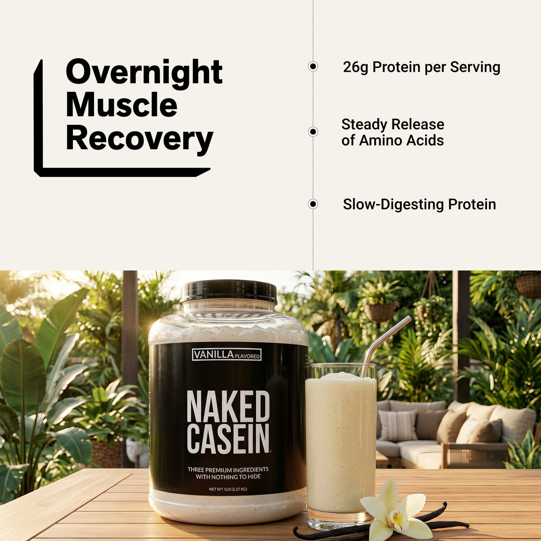 naked casein vanilla 5lb slow-digesting protein for overnight recovery.