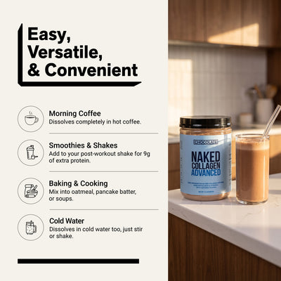 naked collagen advanced chocolate powder for coffee, smoothies, and baking.