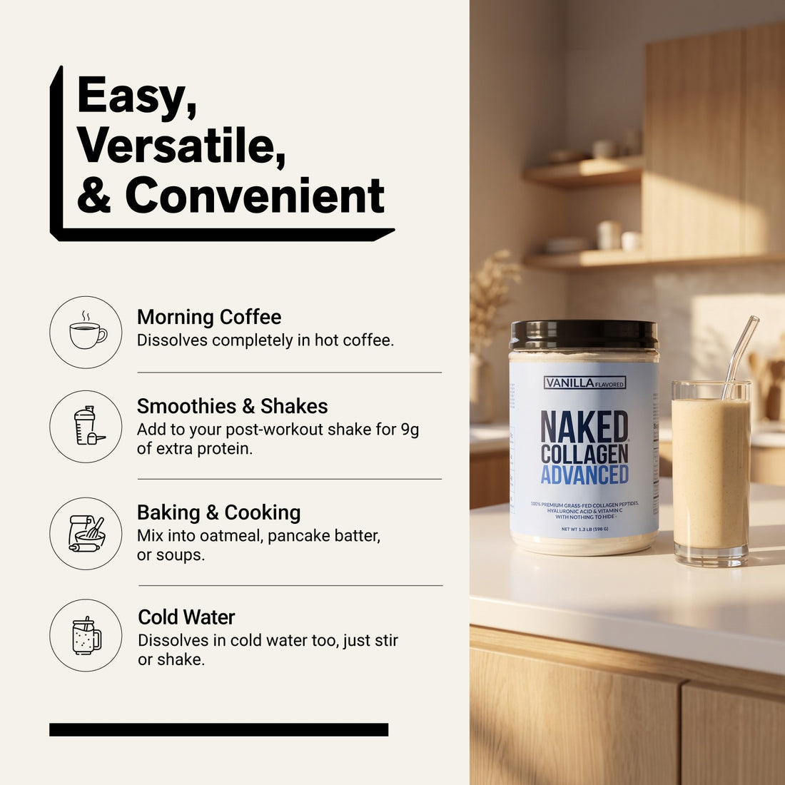 naked collagen advanced vanilla powder for coffee, smoothies, and baking.