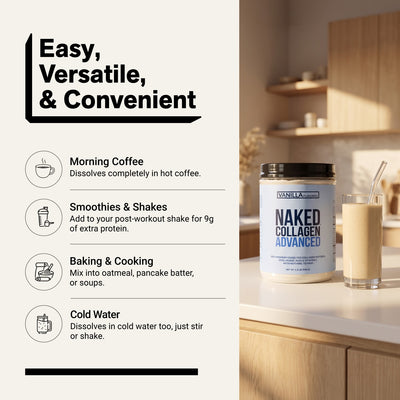 naked collagen advanced vanilla powder for coffee, smoothies, and baking.