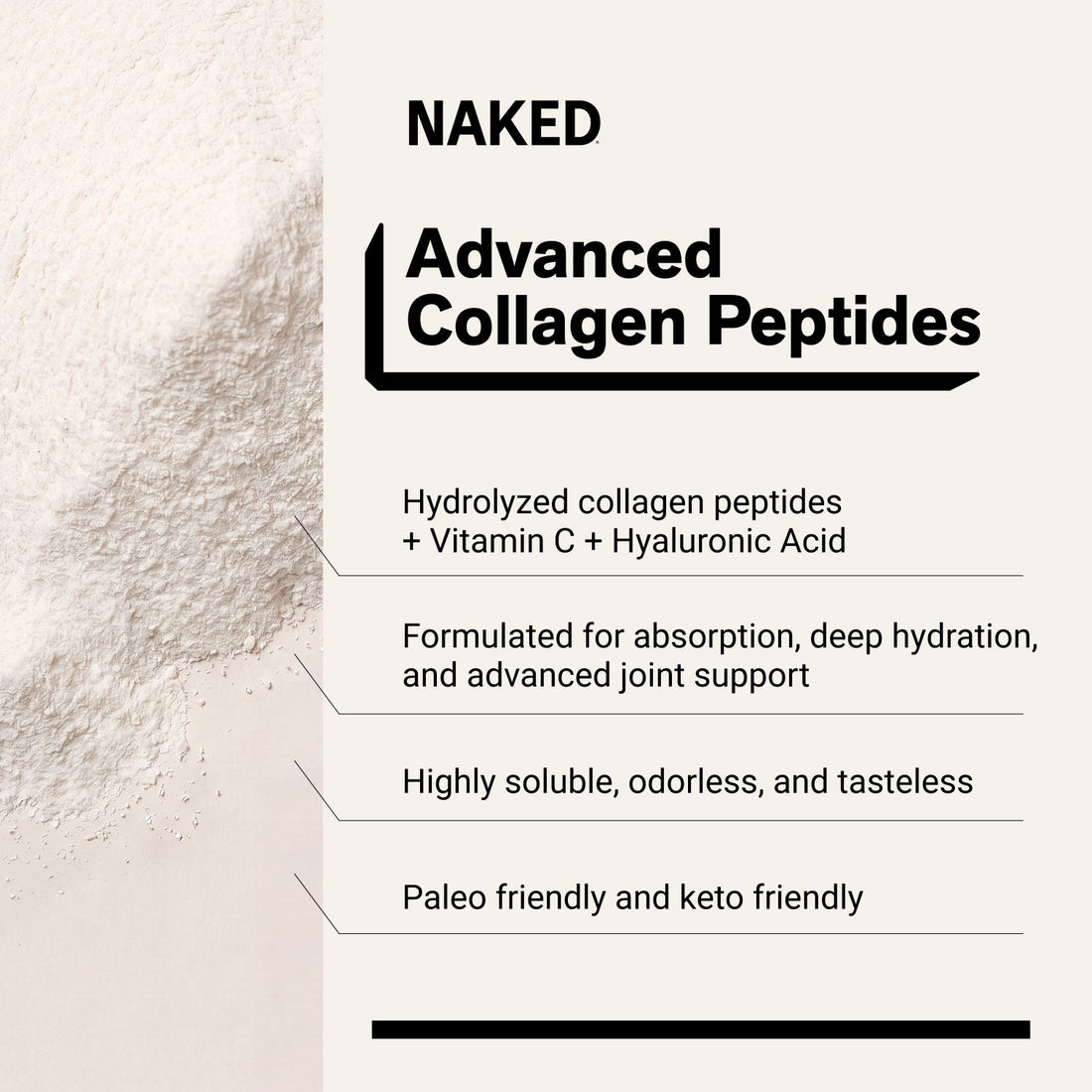 naked collagen advanced vanilla with 5 ingredients and 18g protein.