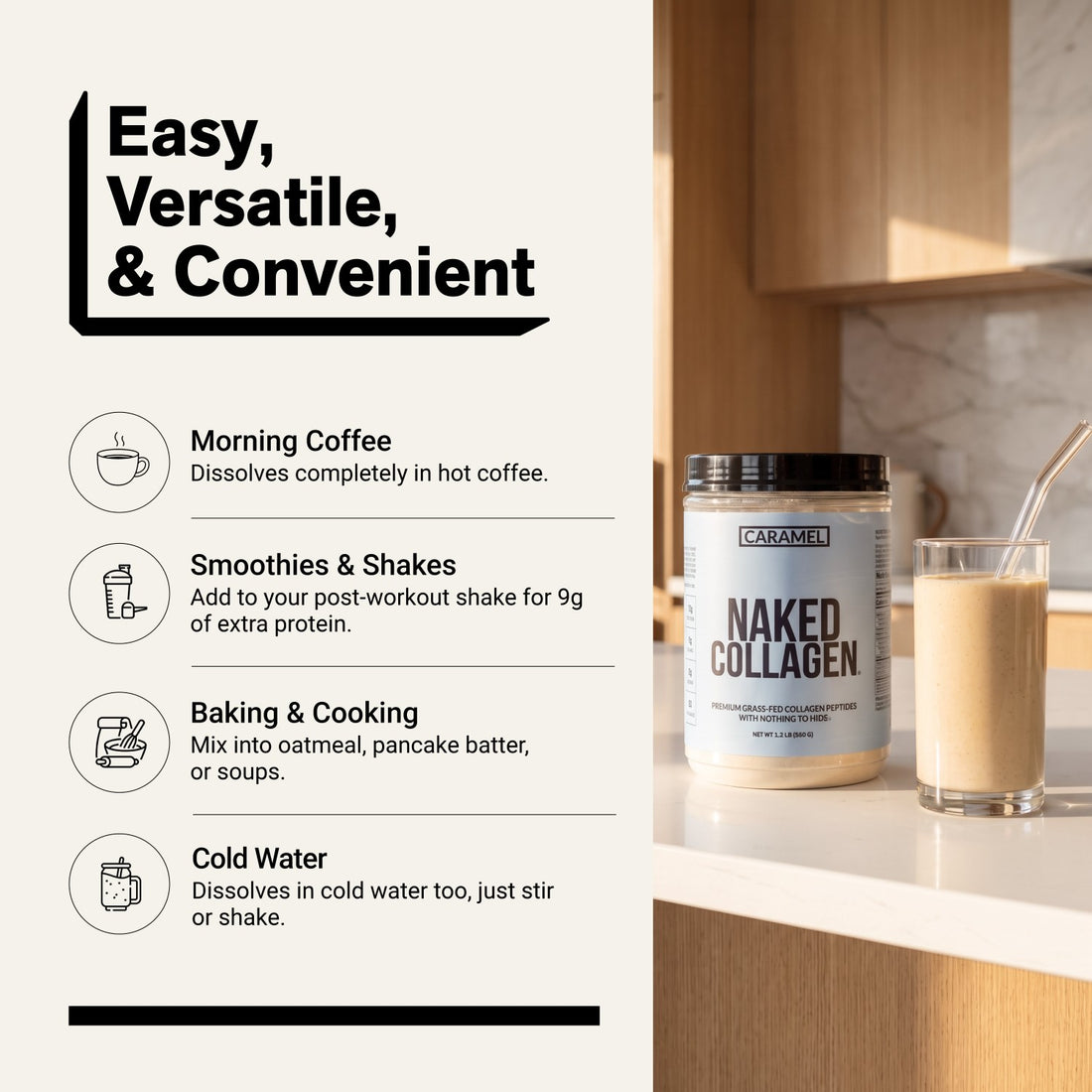 naked collagen caramel powder for coffee, smoothies, and baking.