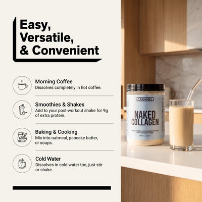 naked collagen caramel powder for coffee, smoothies, and baking.