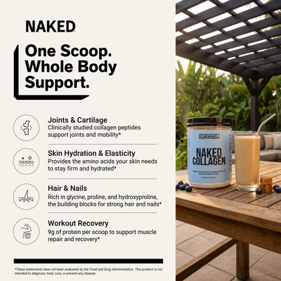 naked collagen caramel peptides for skin, joints, hair, and nails.