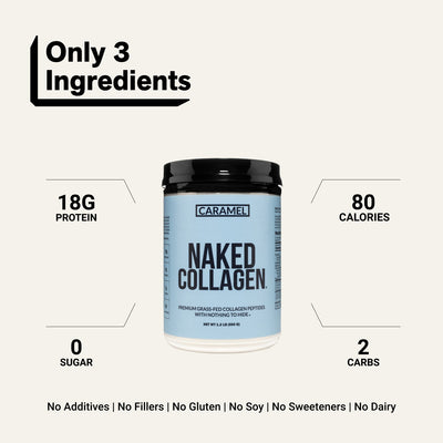 naked collagen caramel with 3 ingredients and 18g protein.
