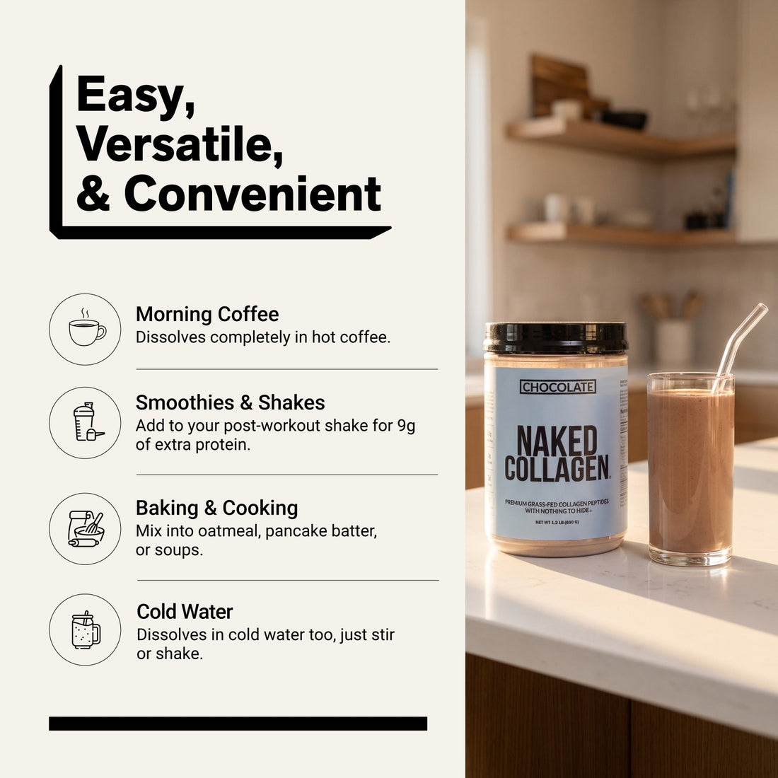 naked collagen chocolate powder for coffee, smoothies, and baking.