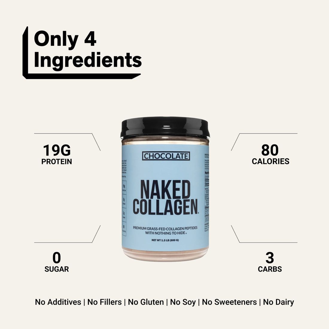 naked collagen chocolate with 4 ingredients and 19g protein.