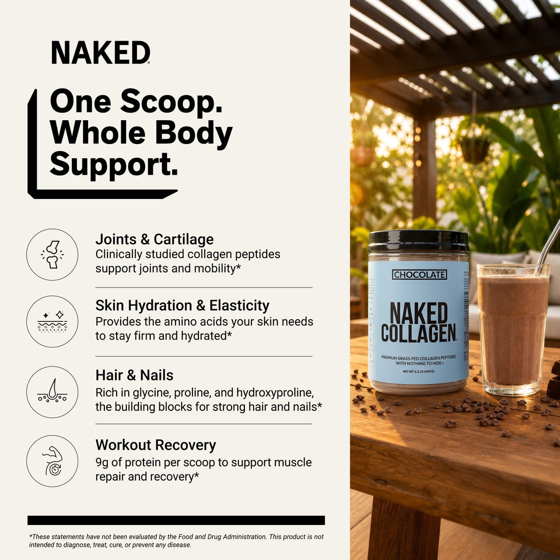 naked collagen chocolate peptides for skin, joints, hair, and nails.