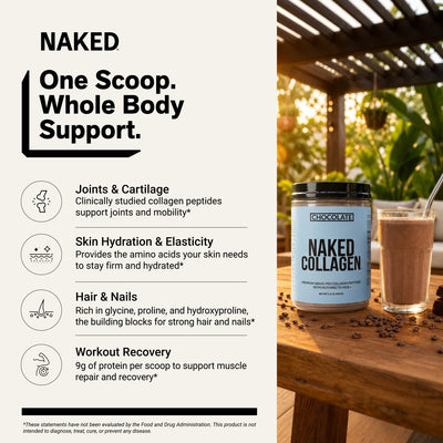 naked collagen chocolate peptides for skin, joints, hair, and nails.