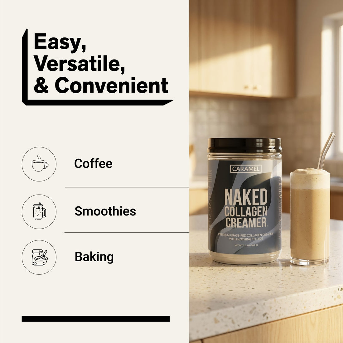naked collagen creamer caramel for coffee, smoothies, and baking.