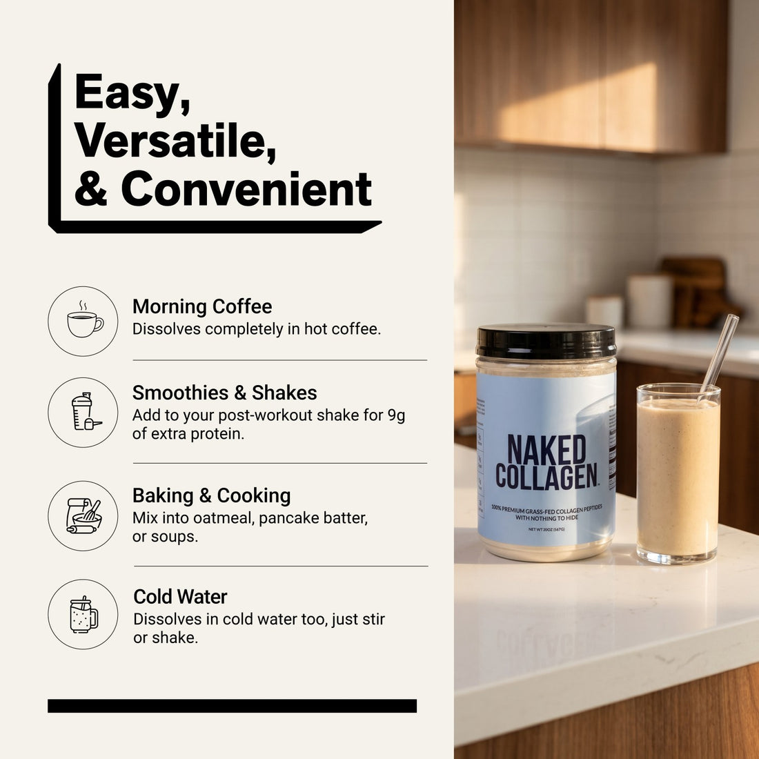 naked collagen unflavored powder for coffee, smoothies, and baking.