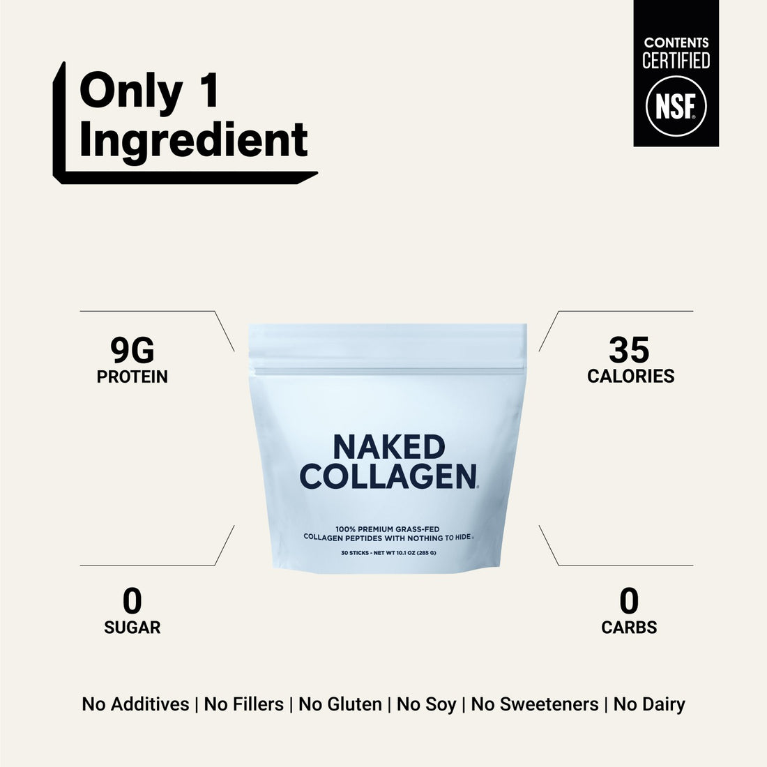 naked collagen unflavored sticks with one ingredient and 9g protein.